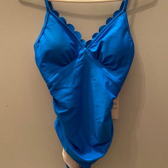 Cupshe One Piece Swimsuit Scalloped Neckline Ruched Waist Bright Blue - Picture 4 of 12